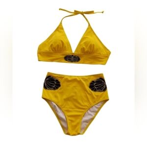 Yellow Bikini Set with Black Accents, Top Size L, Bottom Size 6